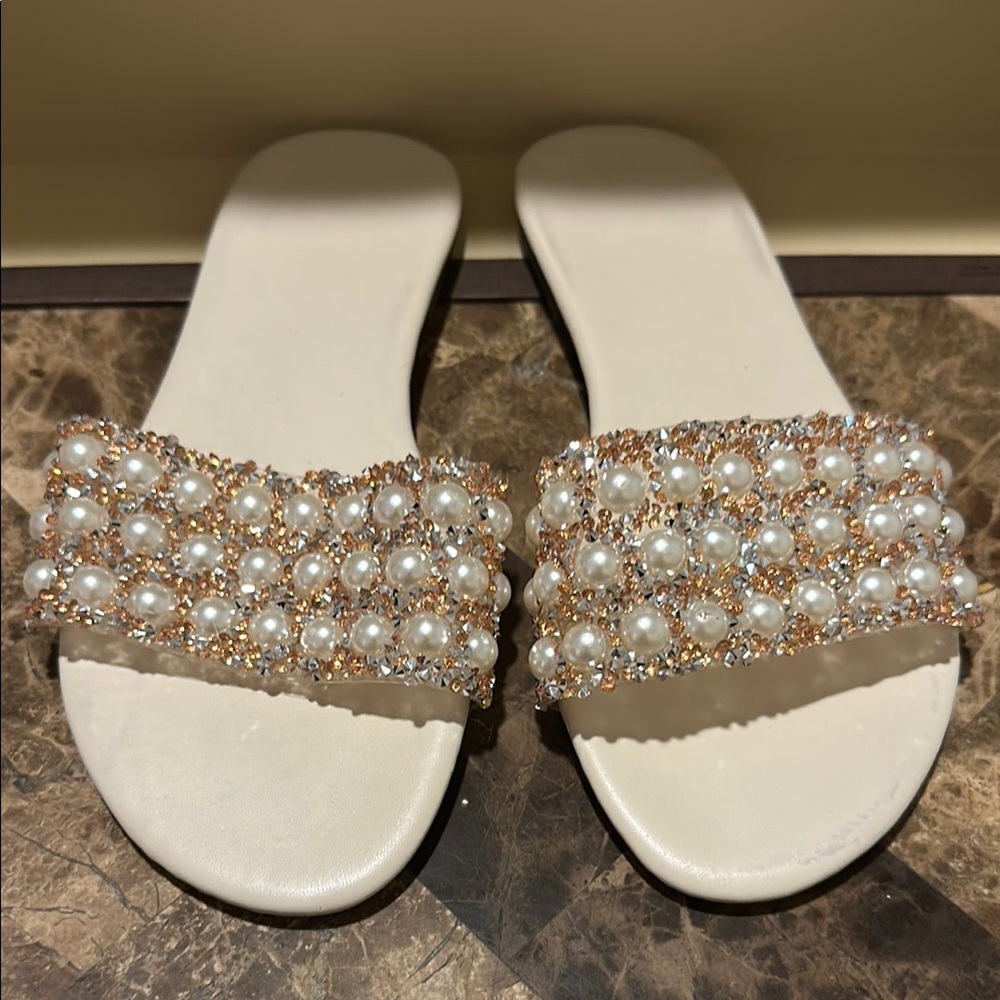 Cream and White Embellished Sandals with Rhinestones